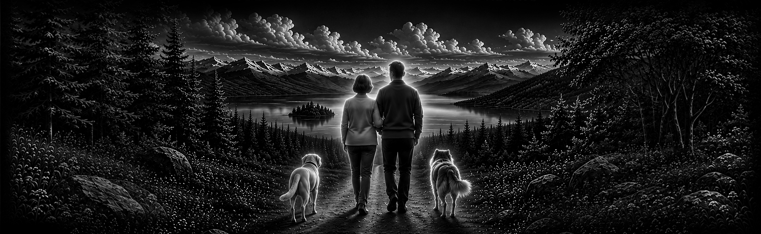 A couple walking two dogs by a mountain lake, a wide engraved scene